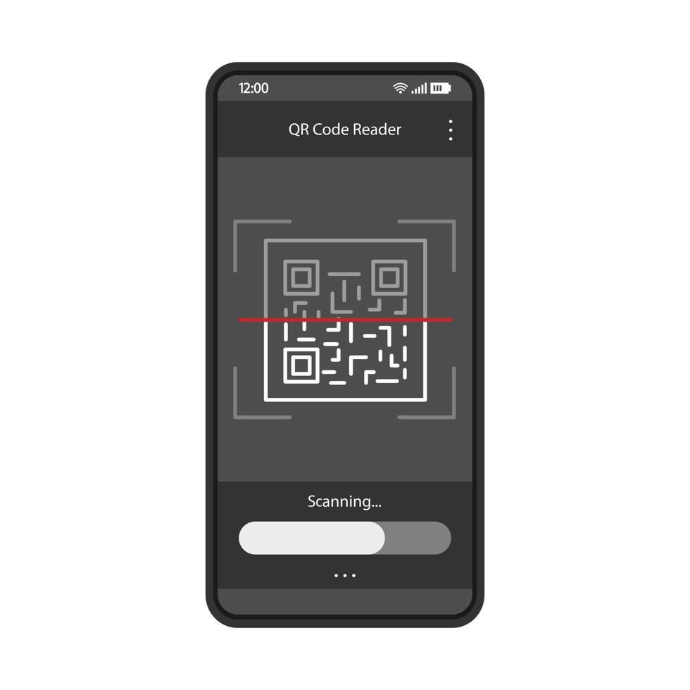 plantilla de vector de interfaz de aplicación de escaneo de código qr. diseño de diseño en negro de la interfaz de la aplicación móvil. Lector de teléfonos inteligentes con código 2d. interfaz de usuario plana pantalla de teléfono con escáner de código de barras de matriz