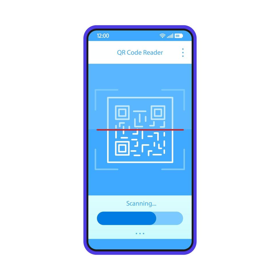 plantilla de vector de interfaz de aplicación de escaneo de código qr. diseño de diseño azul de la interfaz de la aplicación móvil. Lector de teléfonos inteligentes con código 2d. interfaz de usuario plana pantalla de teléfono con escáner de código de barras de matriz