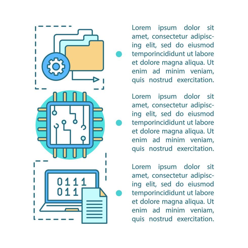 Digital technology article page vector template. Data management. Brochure, magazine, booklet design with text boxes. Computing, programming. AI. Machine learning. Print design. Concept illustrations