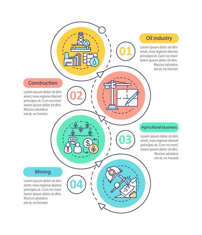 Industries vector infographic template. Oil industry, construction, agricultural business, mining. Data visualization with four steps and options. Process timeline chart. Workflow layout