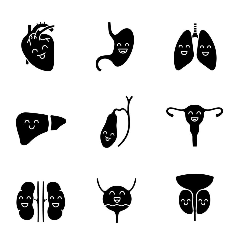 conjunto de iconos de glifo de órganos internos humanos sonrientes. salud de los sistemas respiratorio, urinario, reproductivo, digestivo. símbolos de silueta. ilustración vectorial aislada vector