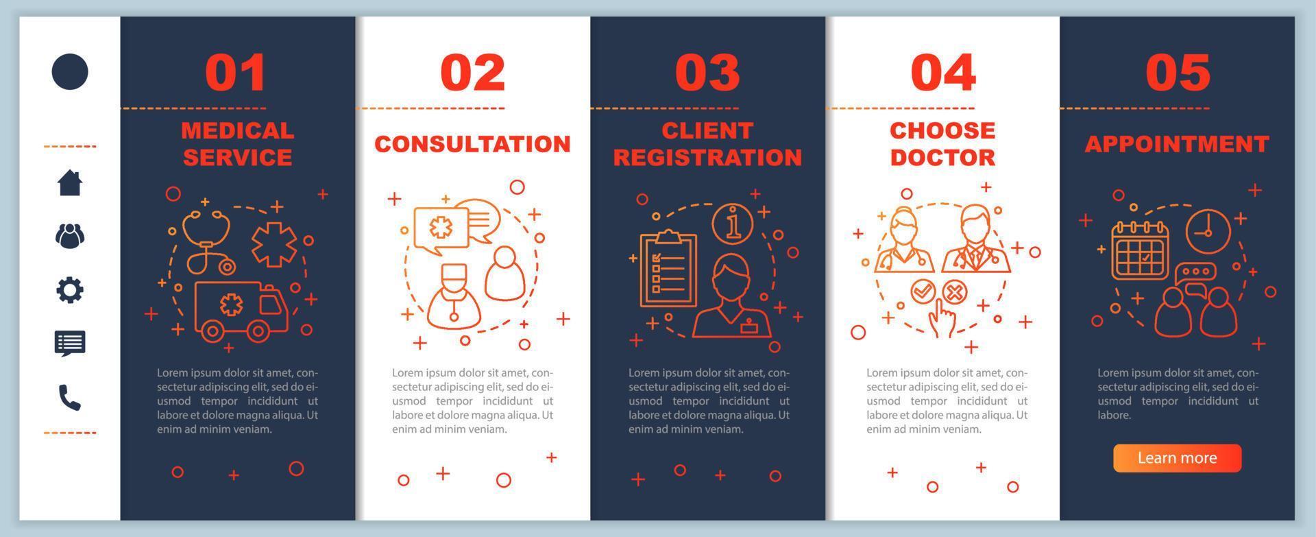 Clinic center onboarding mobile web pages vector template. Medicine and healthcare. Doctor appointment. Smartphone website interface idea with linear illustrations. Webpage walkthrough step screens