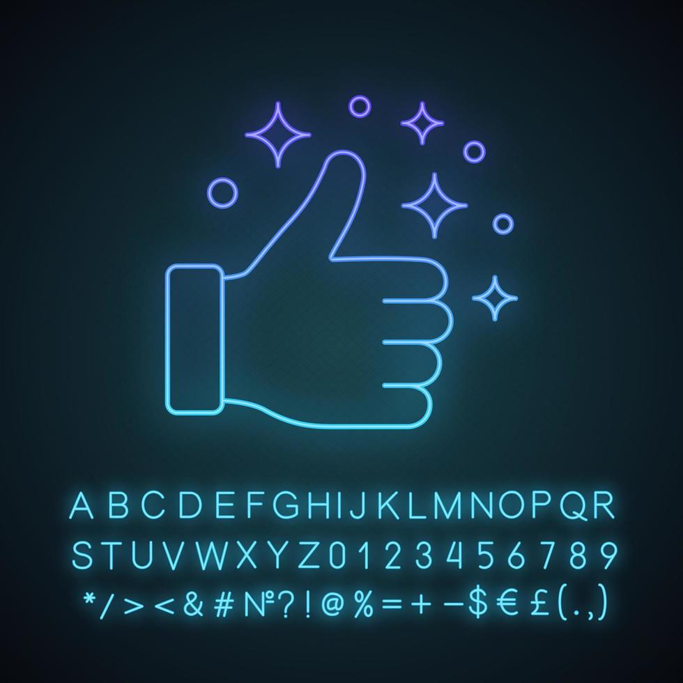 Like neon light icon. Thumbs up. Good, nice, ok hand gesture. Social media button. Rating, ranking. Glowing sign with alphabet, numbers and symbols. Vector isolated illustration