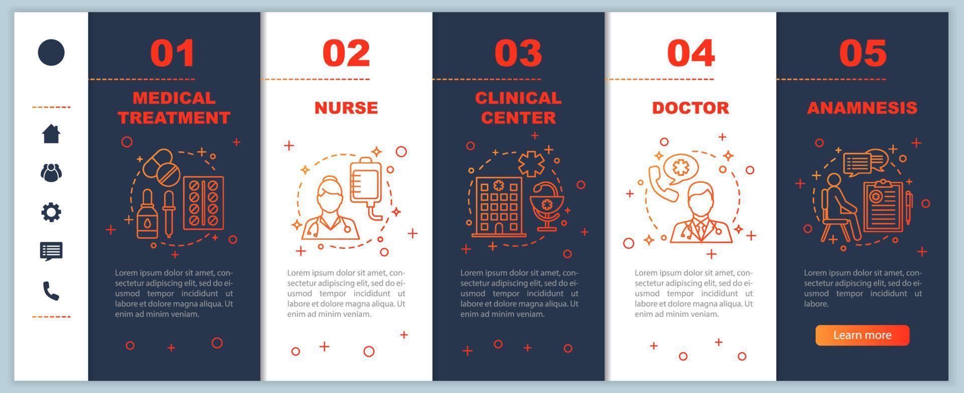 Medicine and healthcare onboarding mobile web pages vector template. Doctor, nurse, clinical center. Medical service. Responsive smartphone website interface. Webpage walkthrough step screens