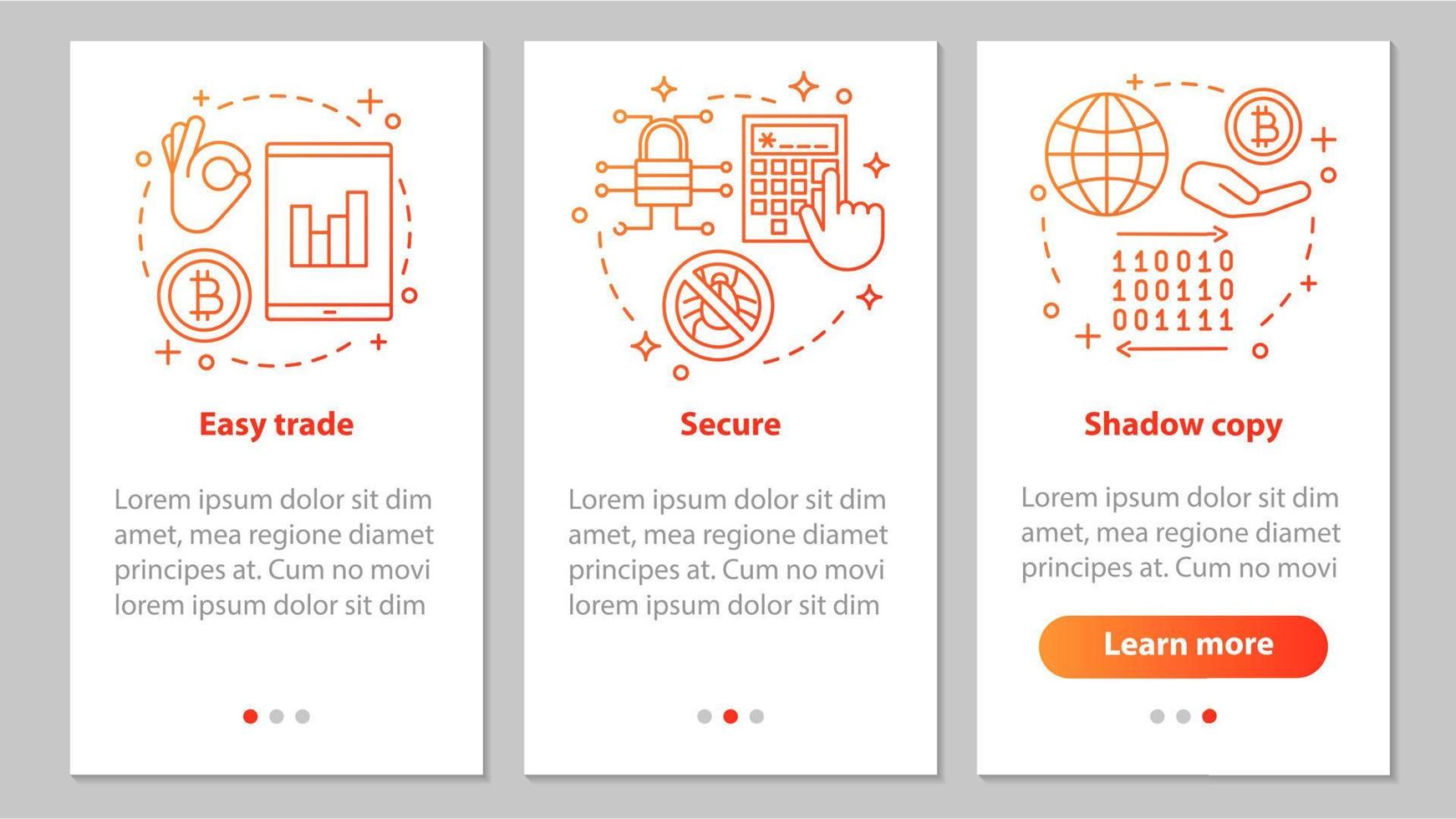Internet business onboarding mobile app page screen with linear concepts. Online trading app. Easy trade, shadow copy, digital security steps graphic instructions. UX, UI, GUI vector illustrations