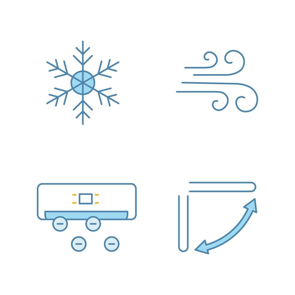 Air conditioning color icons set. Snowflake, airflow, ionizer, air conditioner louvers. Isolated vector illustrations