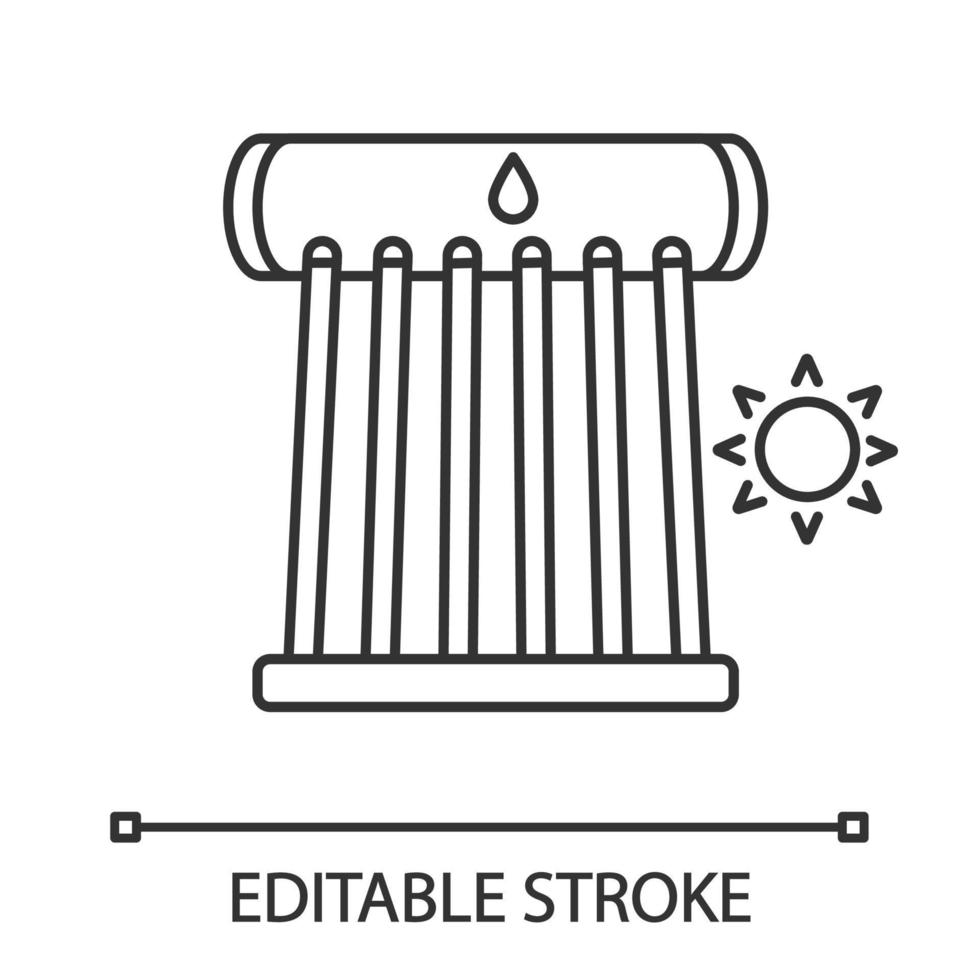 icono lineal del calentador de agua solar industrial. tubos colectores solares y tanque de agua. ilustración de línea delgada. sistema de calentamiento de agua ecológico. símbolo de contorno dibujo de contorno aislado vectorial. trazo editable vector