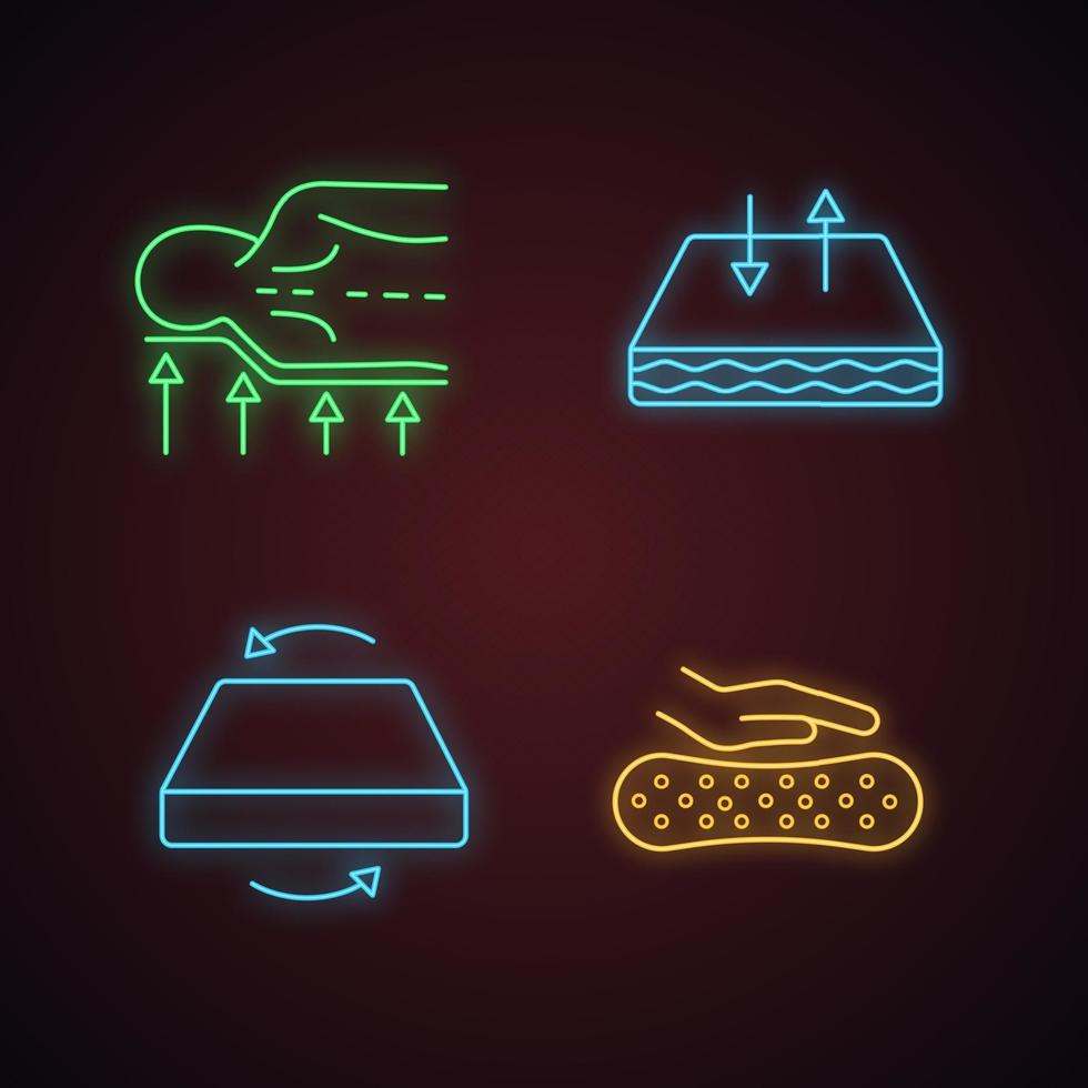 Mattress neon light icons set. Back support, latex material, dual season mattress, breathable cover. Glowing signs. Vector isolated illustrations