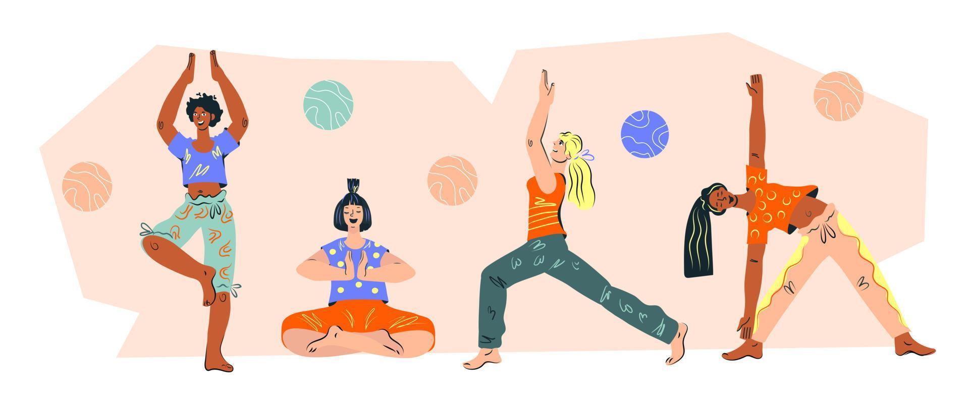 mujeres practicando yoga. clases de meditación y plantilla de banner de estudio de yoga, ilustración vectorial plana aislada en fondo blanco. vector