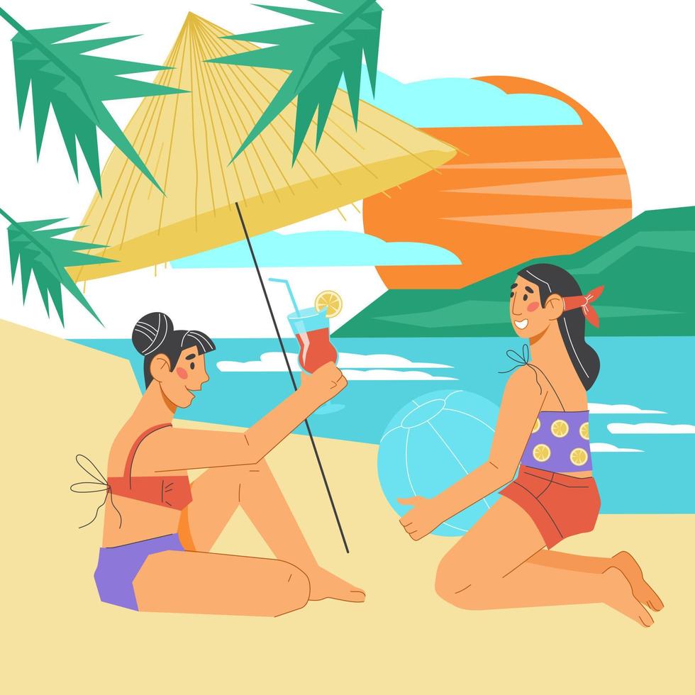 Women or young girlfriends on the sea beach enjoy summer vacation. Summer vacation and sea travel banner, flat vector illustration isolated on white background.