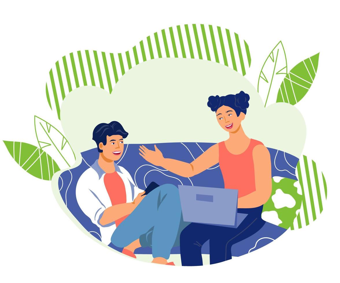 Friends or romantic couple chatting friendly sitting on sofa or couch. After working evening or weekend leisure and rest at home, flat vector illustration isolated on white background.