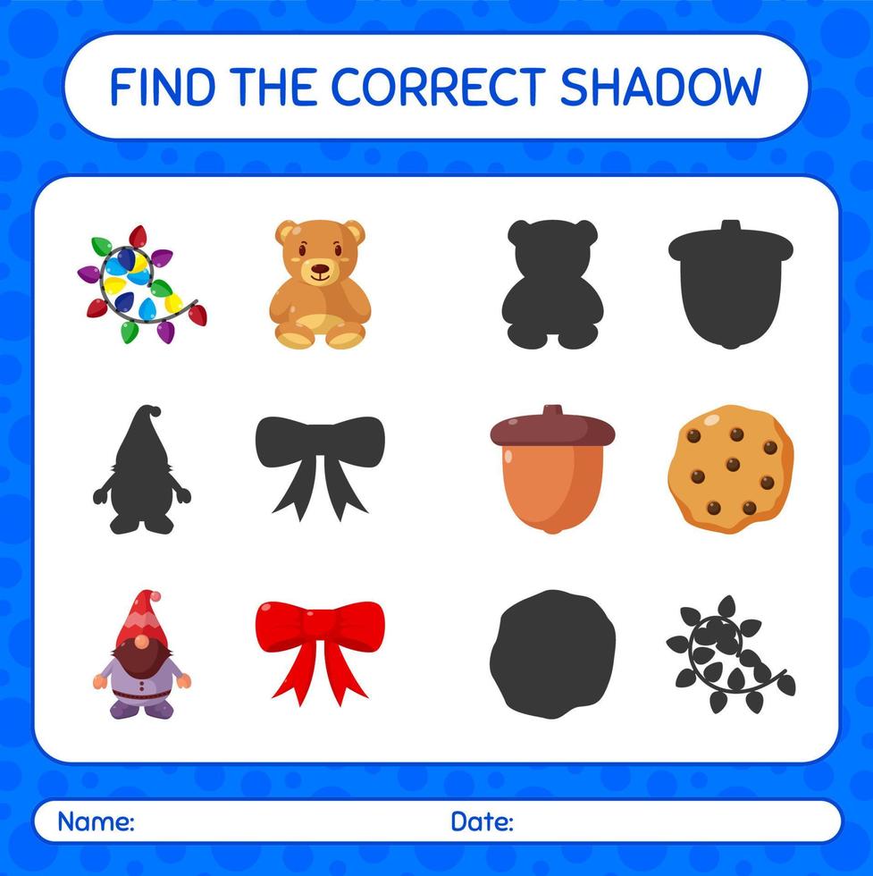 encuentra el juego de sombras correcto con el icono de navidad. hoja de trabajo para niños en edad preescolar, hoja de actividades para niños vector