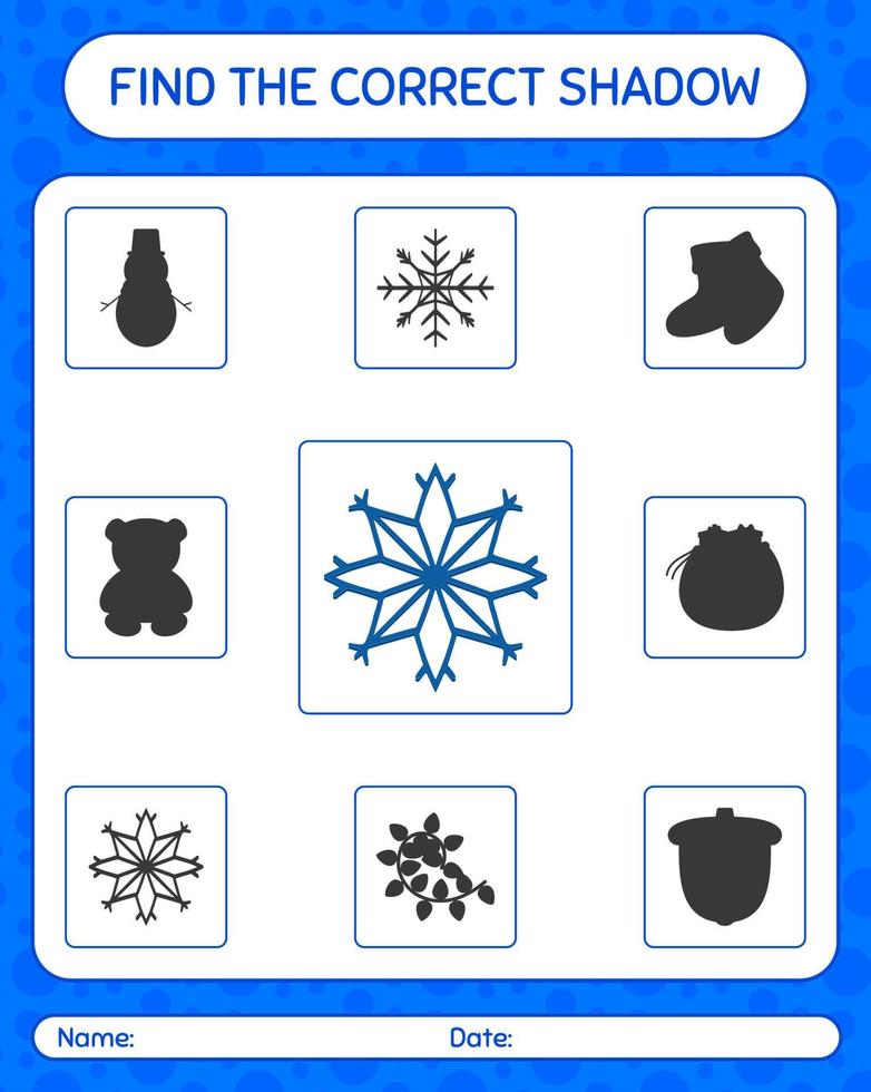 Find the correct shadows game with snowflake. worksheet for preschool kids, kids activity sheet vector