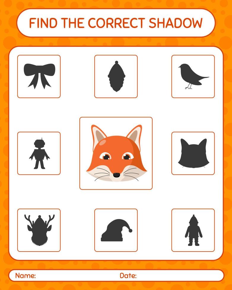 Find the correct shadows game with red fox. worksheet for preschool kids, kids activity sheet vector