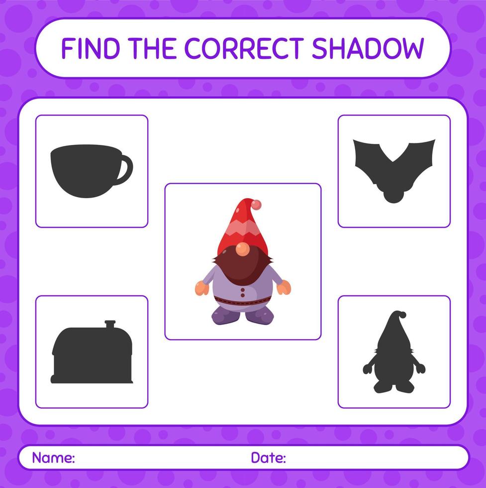 Find the correct shadows game with gnome. worksheet for preschool kids, kids activity sheet vector