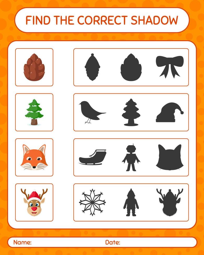 Find the correct shadows game with christmas icon. worksheet for preschool kids, kids activity sheet vector