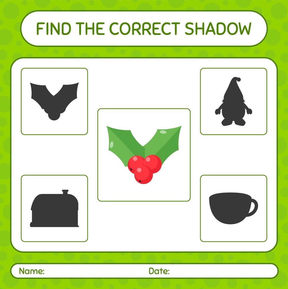 Find the correct shadows game with holly berry. worksheet for preschool kids, kids activity sheet vector