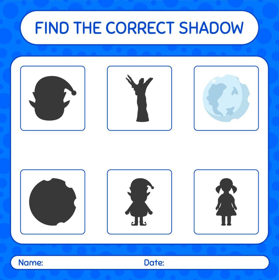 Find the correct shadows game with full moon. worksheet for preschool kids, kids activity sheet vector