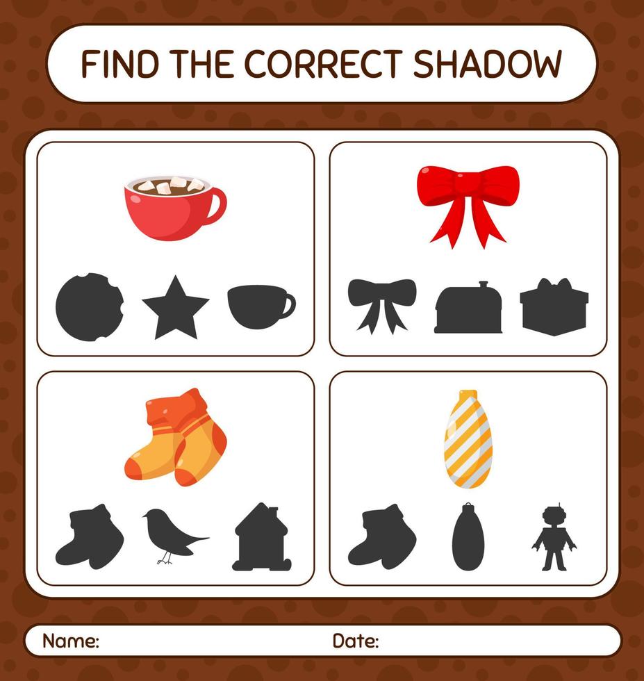 Find the correct shadows game with christmas icon. worksheet for preschool kids, kids activity sheet vector