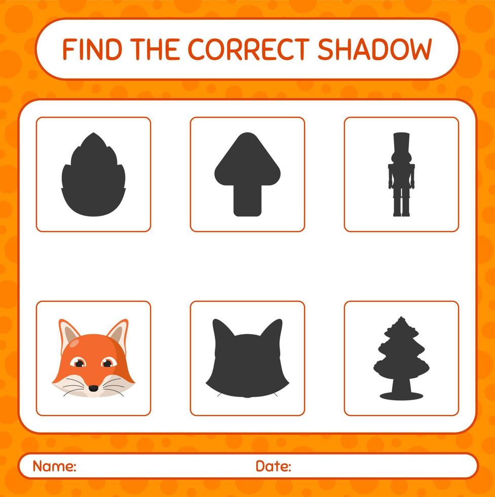 Find the correct shadows game with red fox. worksheet for preschool kids, kids activity sheet vector