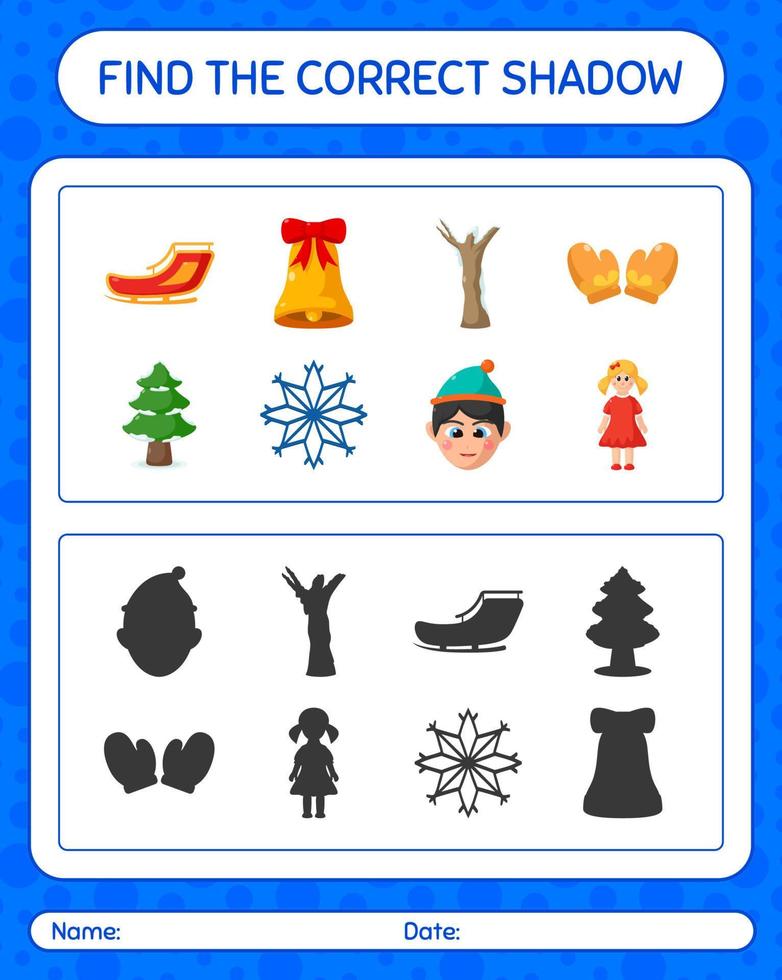 Find the correct shadows game with christmas icon. worksheet for preschool kids, kids activity sheet vector