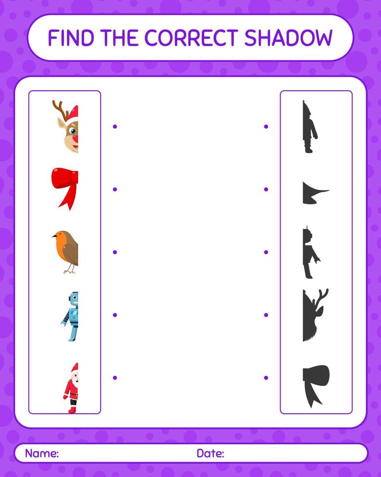 Find the correct shadows game with christmas icon. worksheet for preschool kids, kids activity sheet vector
