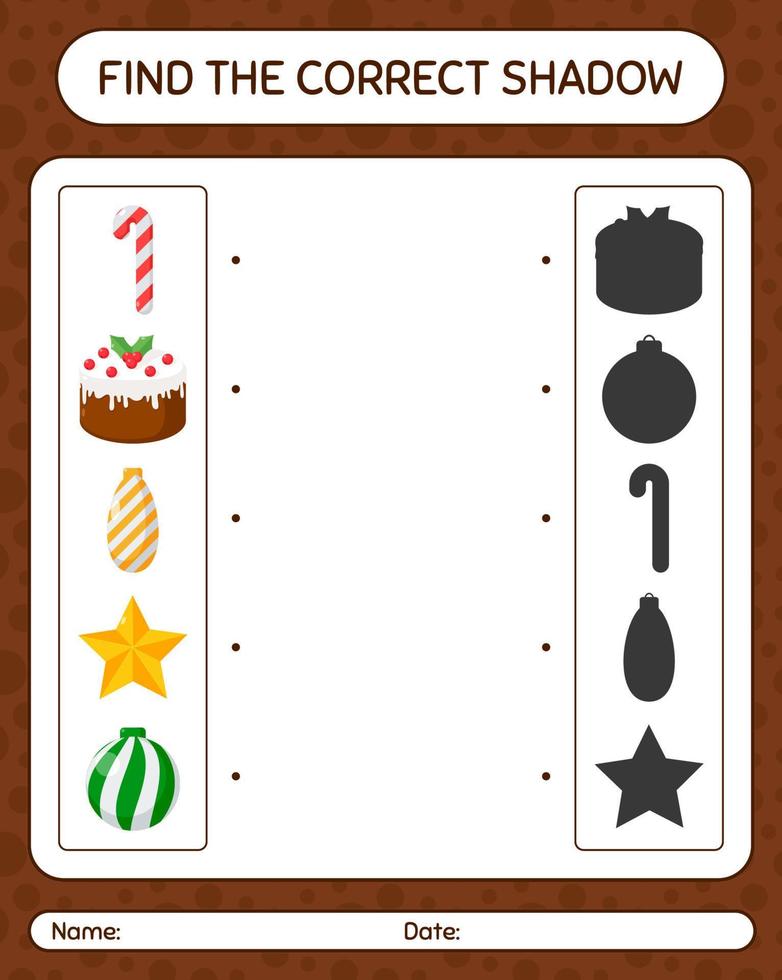 Find the correct shadows game with christmas icon. worksheet for preschool kids, kids activity sheet vector
