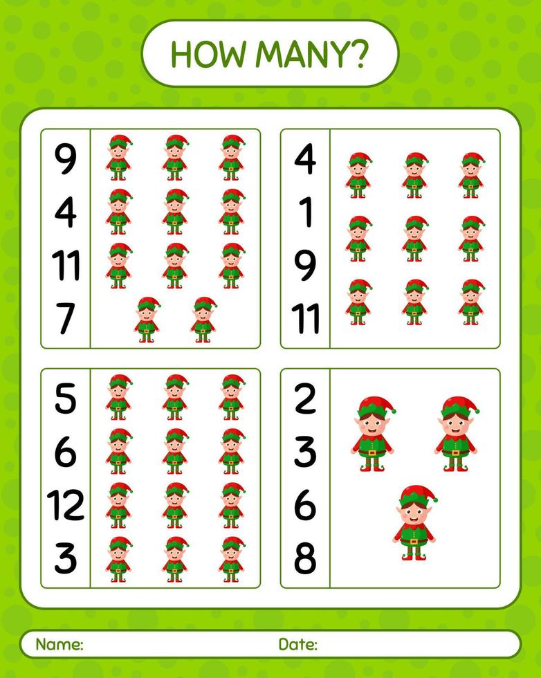 How many counting game with elf. worksheet for preschool kids, kids activity sheet vector