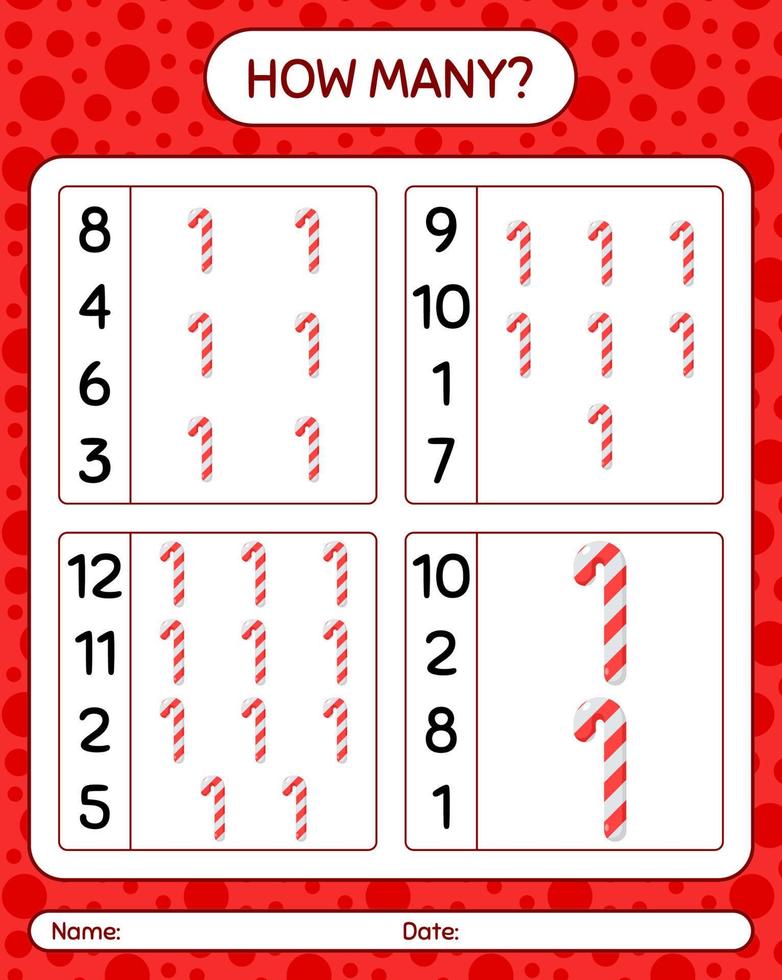 How many counting game with candy cane. worksheet for preschool kids, kids activity sheet vector