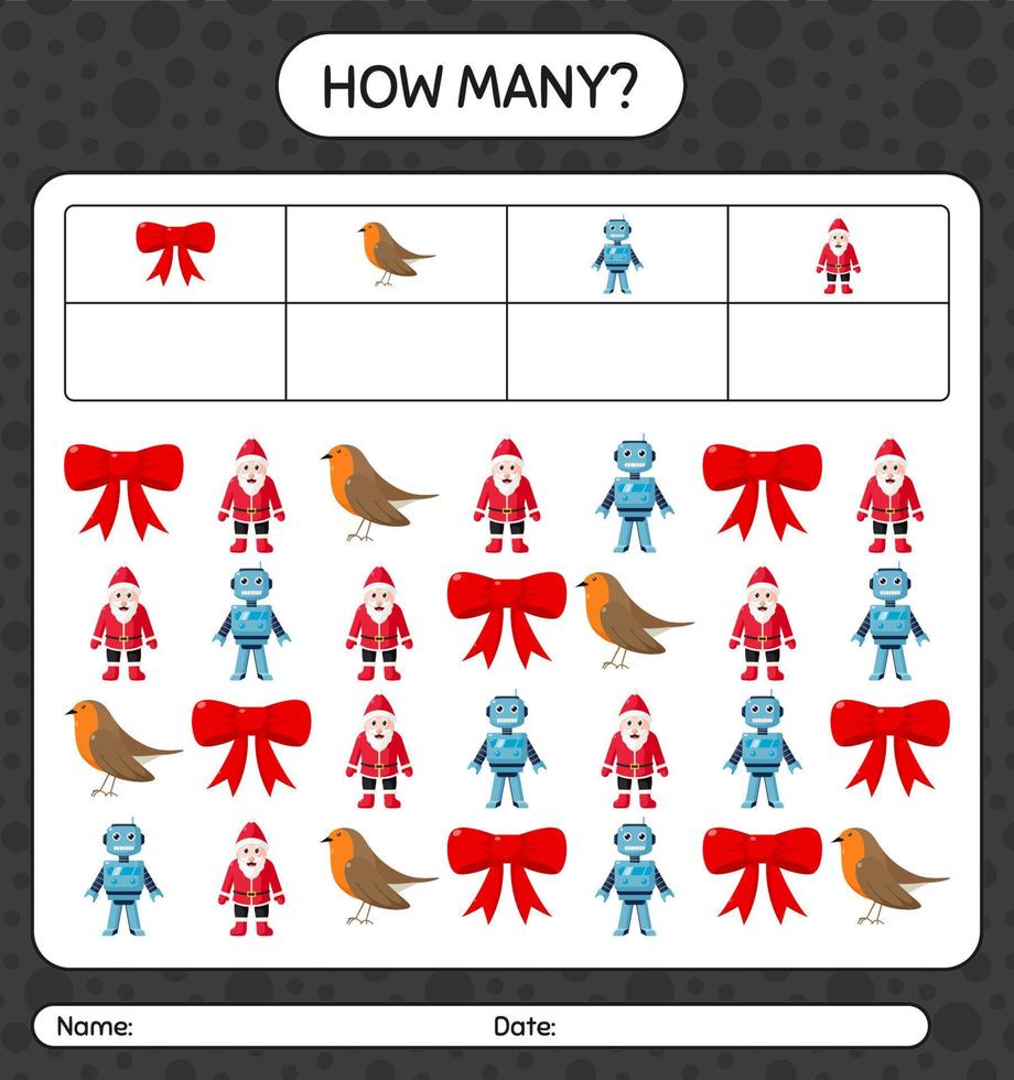 How many counting game with christmas icon. worksheet for preschool kids, kids activity sheet vector