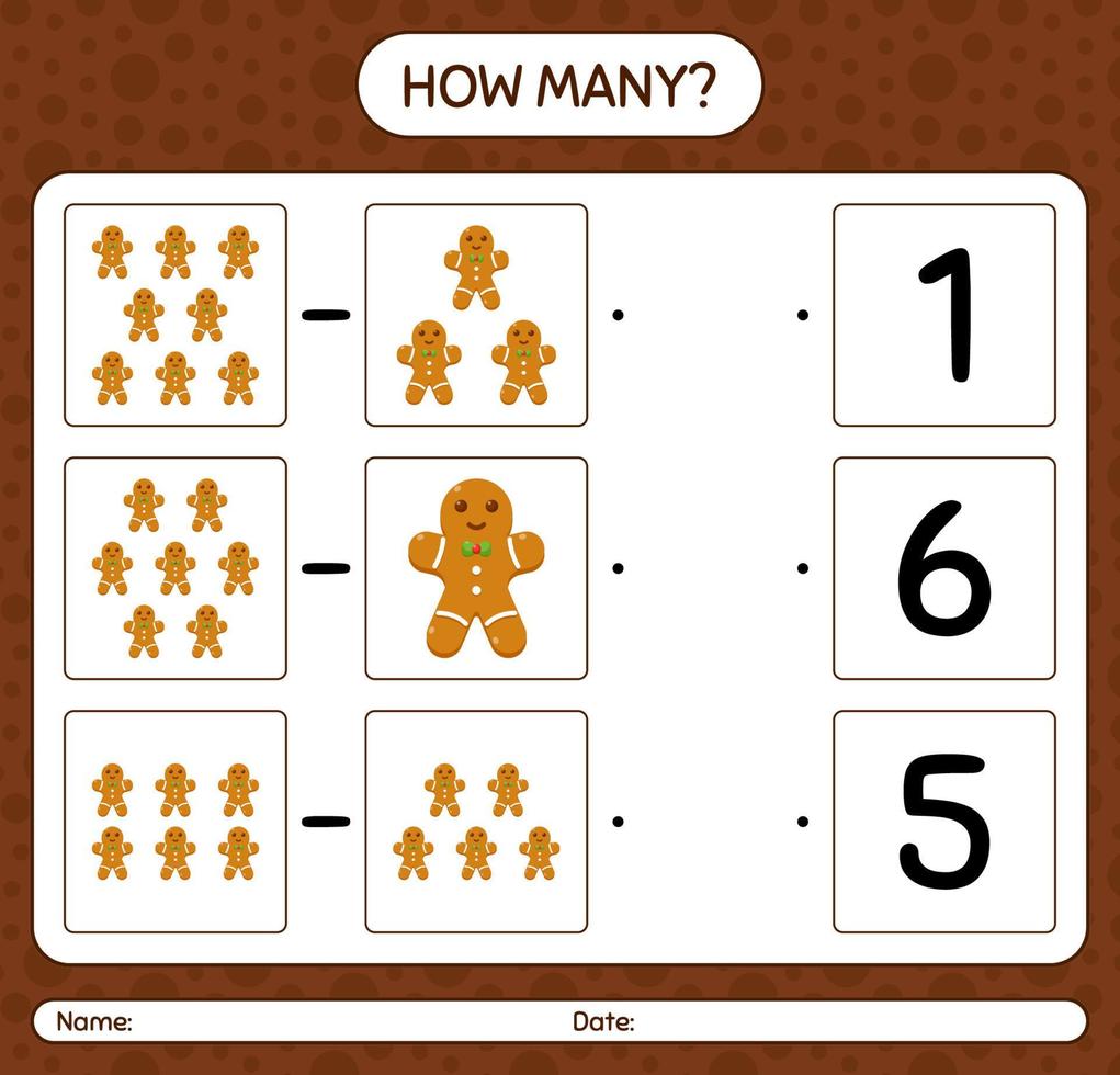 How many counting game with gingerbread cookie. worksheet for preschool kids, kids activity sheet vector