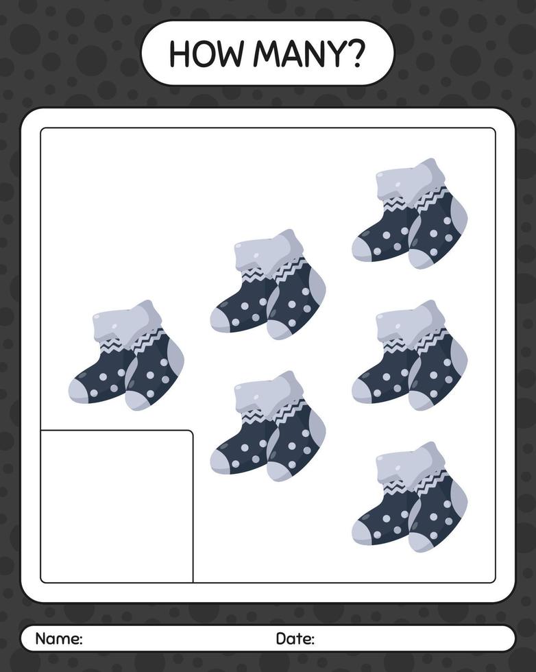 How many counting game with sock. worksheet for preschool kids, kids activity sheet vector
