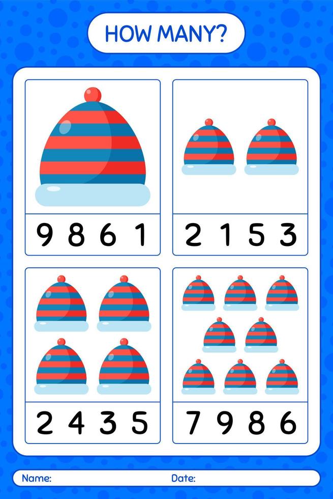 How many counting game with beanie. worksheet for preschool kids, kids activity sheet vector