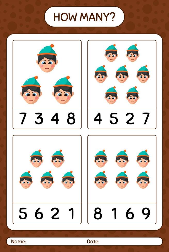 How many counting game with boys. worksheet for preschool kids, kids activity sheet vector