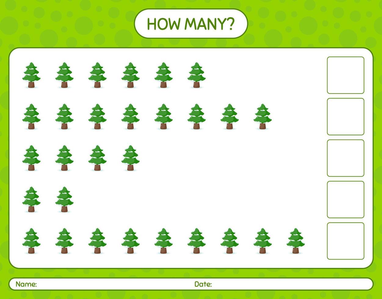 How many counting game with pine tree. worksheet for preschool kids, kids activity sheet vector