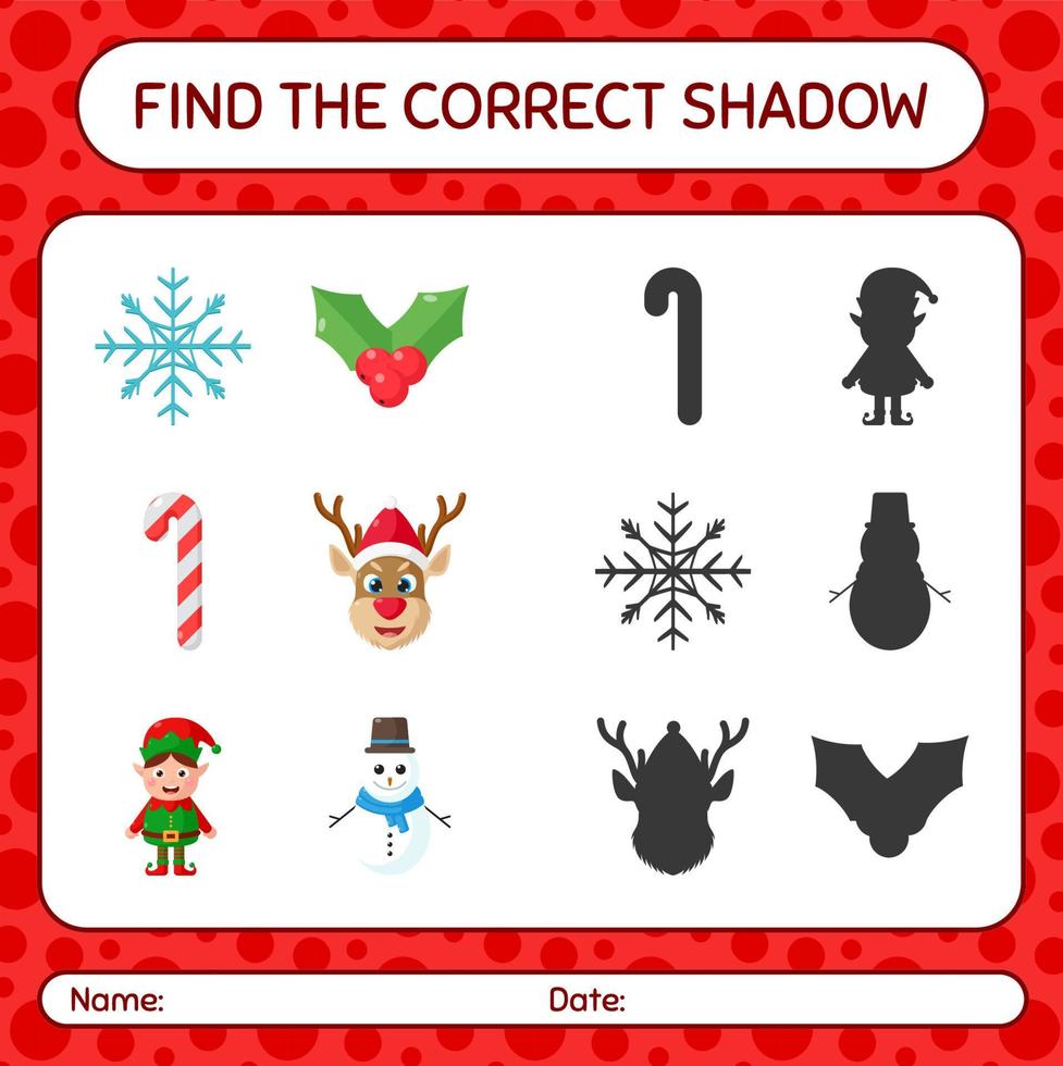 encuentra el juego de sombras correcto con el icono de navidad. hoja de trabajo para niños en edad preescolar, hoja de actividades para niños vector