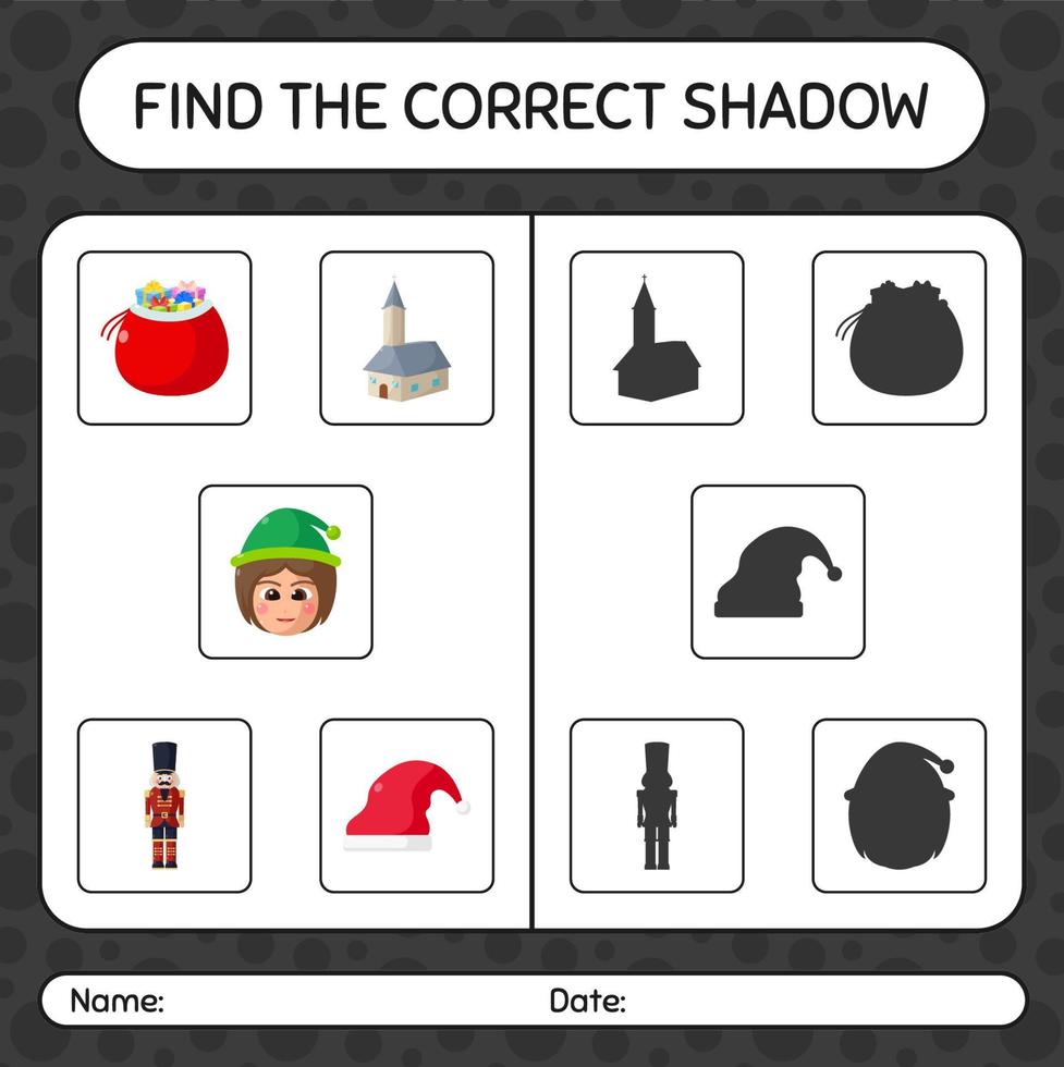 Find the correct shadows game with christmas icon. worksheet for preschool kids, kids activity sheet vector