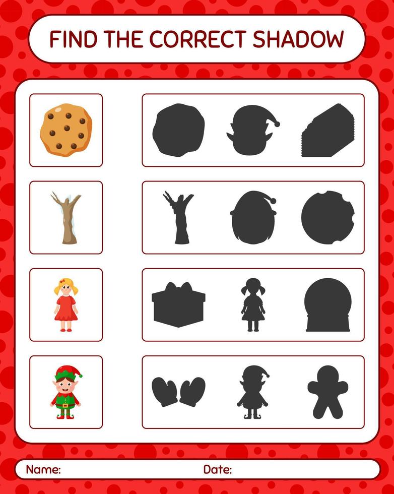 Find the correct shadows game with christmas icon. worksheet for preschool kids, kids activity sheet vector