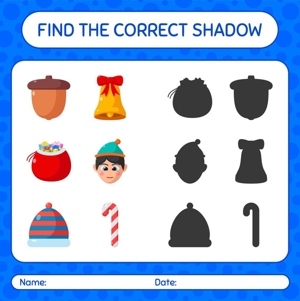 encuentra el juego de sombras correcto con el icono de navidad. hoja de trabajo para niños en edad preescolar, hoja de actividades para niños vector