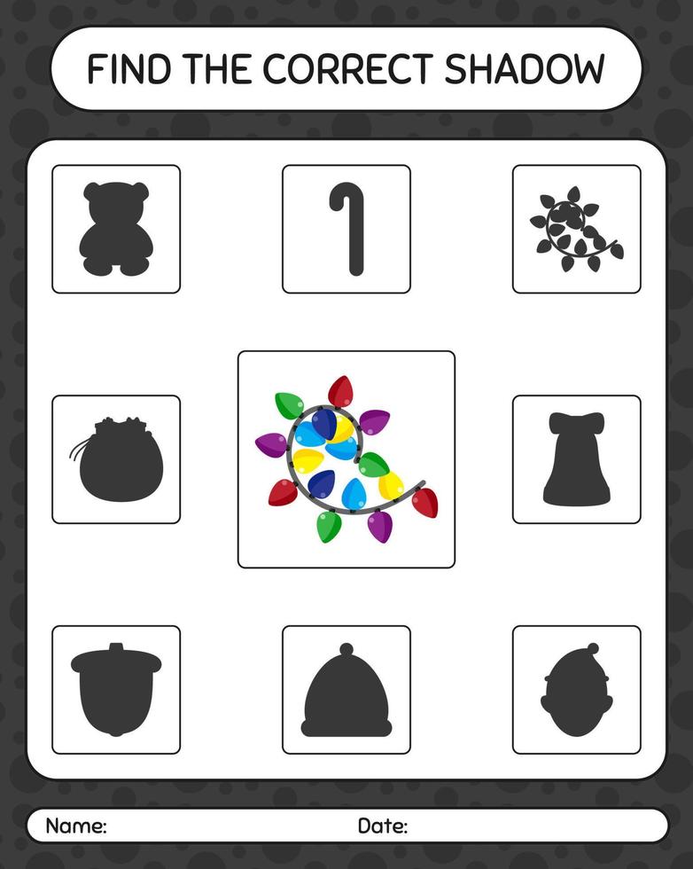 Find the correct shadows game with string light. worksheet for preschool kids, kids activity sheet vector