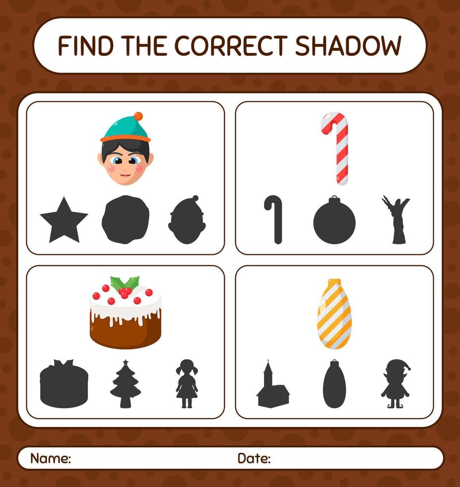 Find the correct shadows game with christmas icon. worksheet for preschool kids, kids activity sheet vector