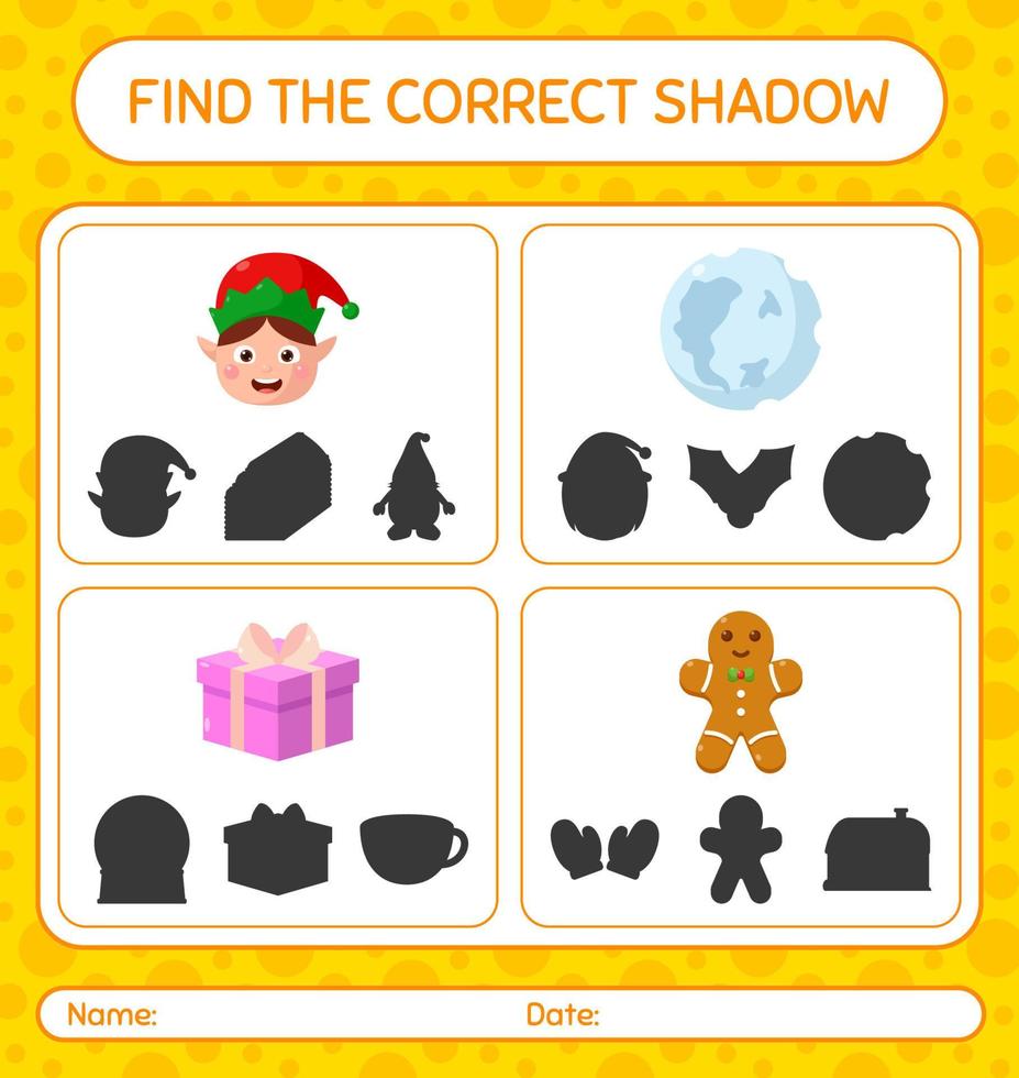 Find the correct shadows game with christmas icon. worksheet for preschool kids, kids activity sheet vector