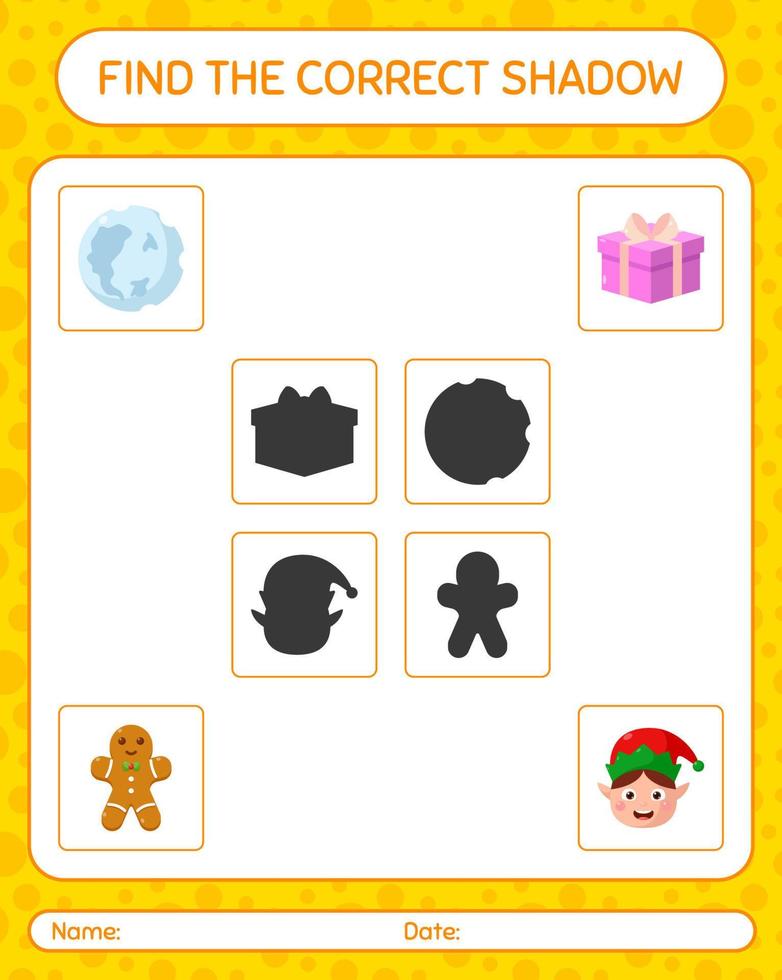 Find the correct shadows game with christmas icon. worksheet for preschool kids, kids activity sheet vector