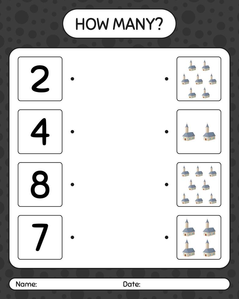 How many counting game with church. worksheet for preschool kids, kids activity sheet vector