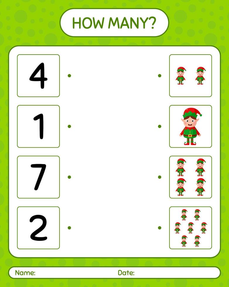 How many counting game with elf. worksheet for preschool kids, kids activity sheet vector