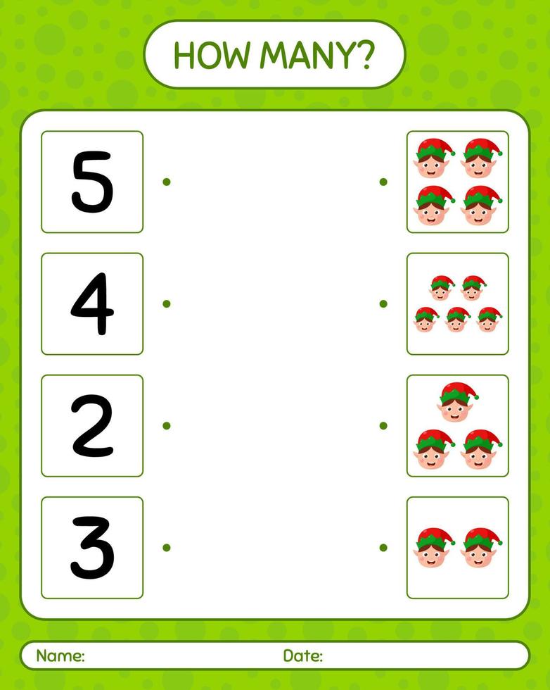 How many counting game with elf. worksheet for preschool kids, kids activity sheet vector