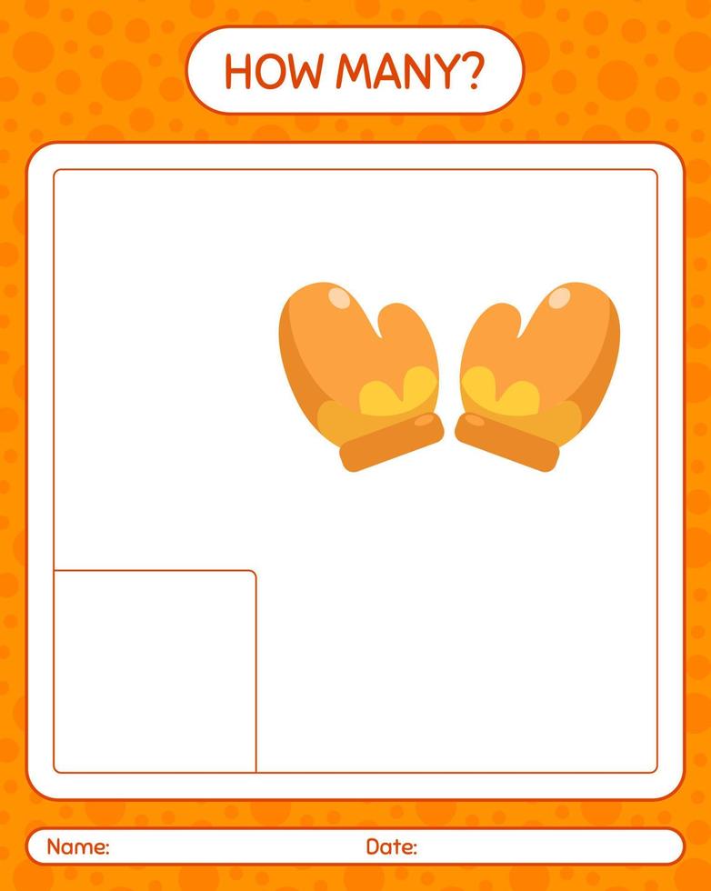 How many counting game with glove. worksheet for preschool kids, kids activity sheet vector