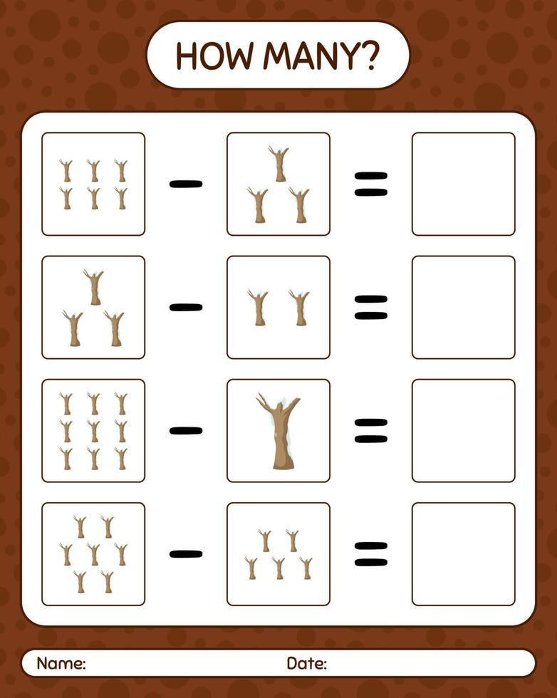 How many counting game with dead tree. worksheet for preschool kids, kids activity sheet vector