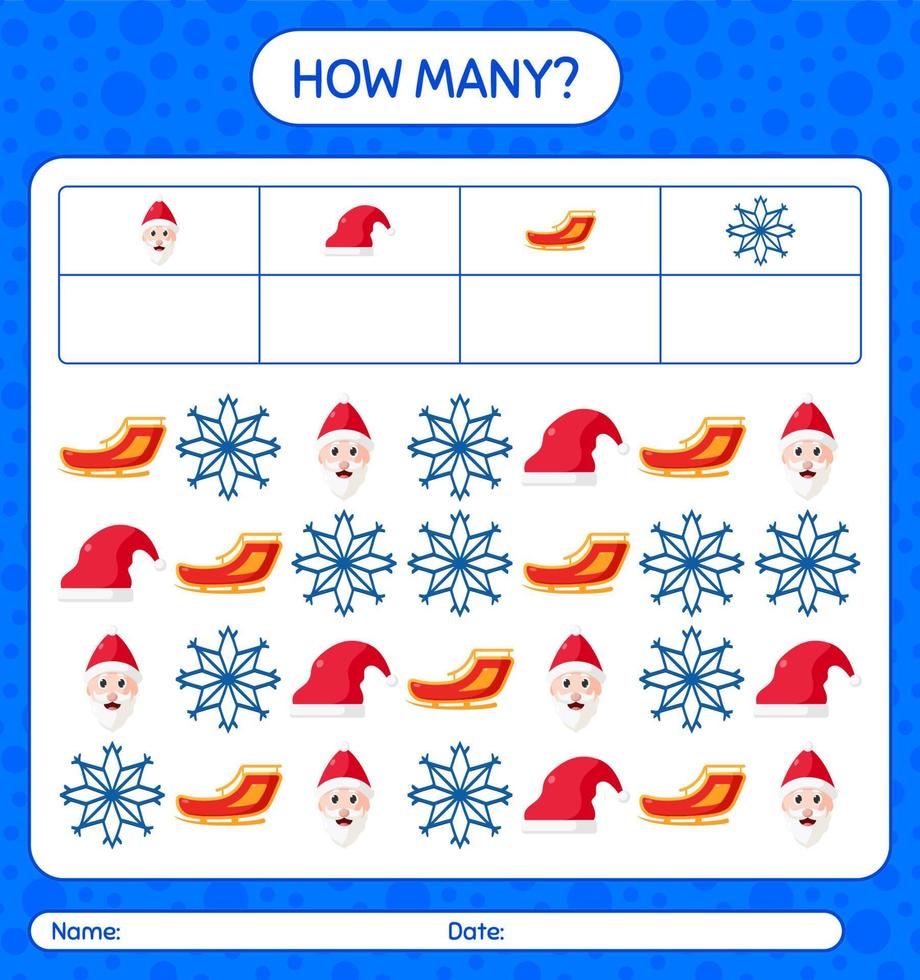 How many counting game with christmas icon. worksheet for preschool kids, kids activity sheet vector