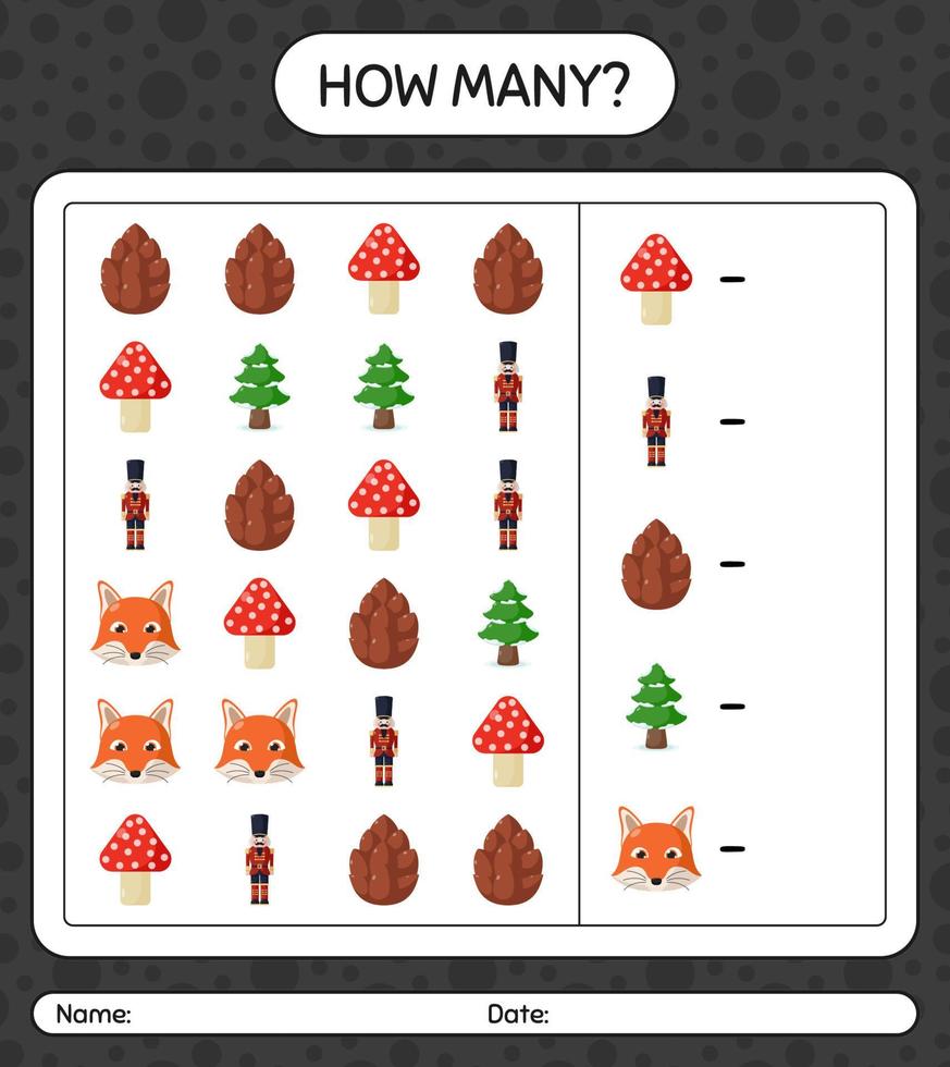 How many counting game with christmas icon. worksheet for preschool kids, kids activity sheet vector